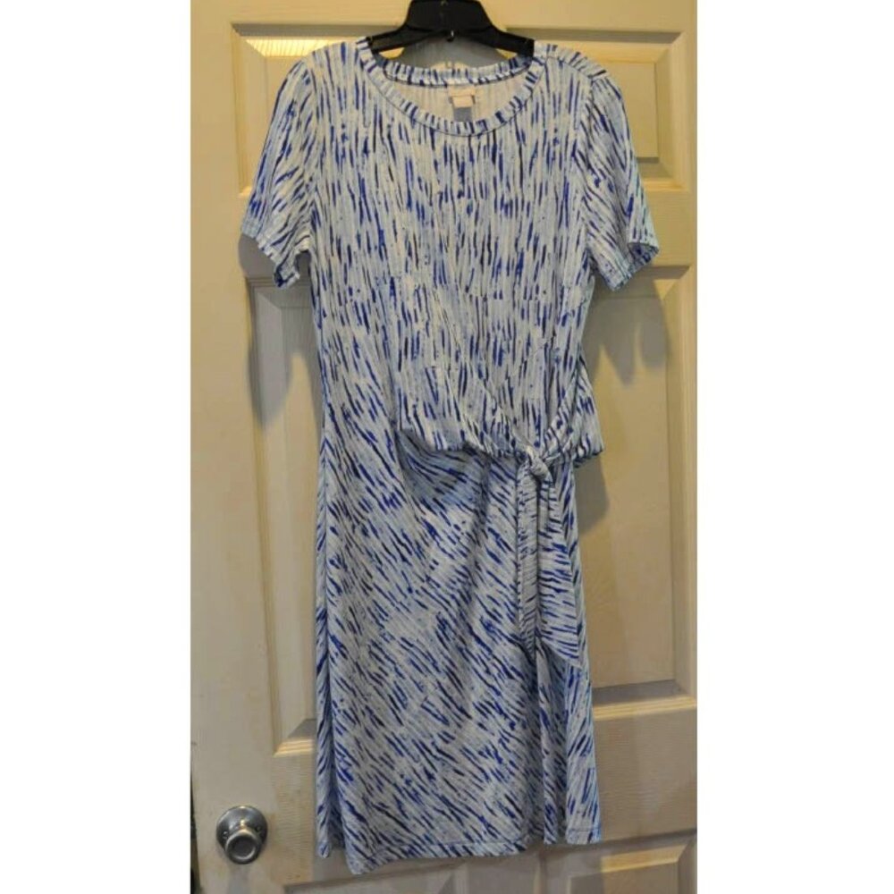 Chico's faux wrap dress US size 8/10 blue white knee length wedding work party